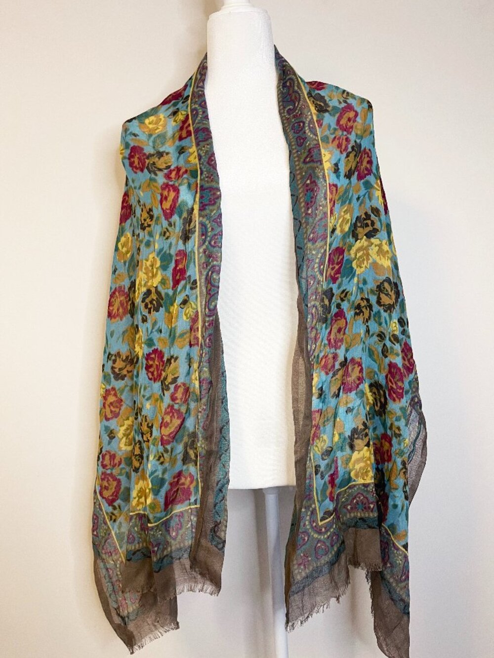 J. Jill Floral Paisley Scarf Teal Multicolor Lightweight Fringed Wrap Artsy - Picture 3 of 9